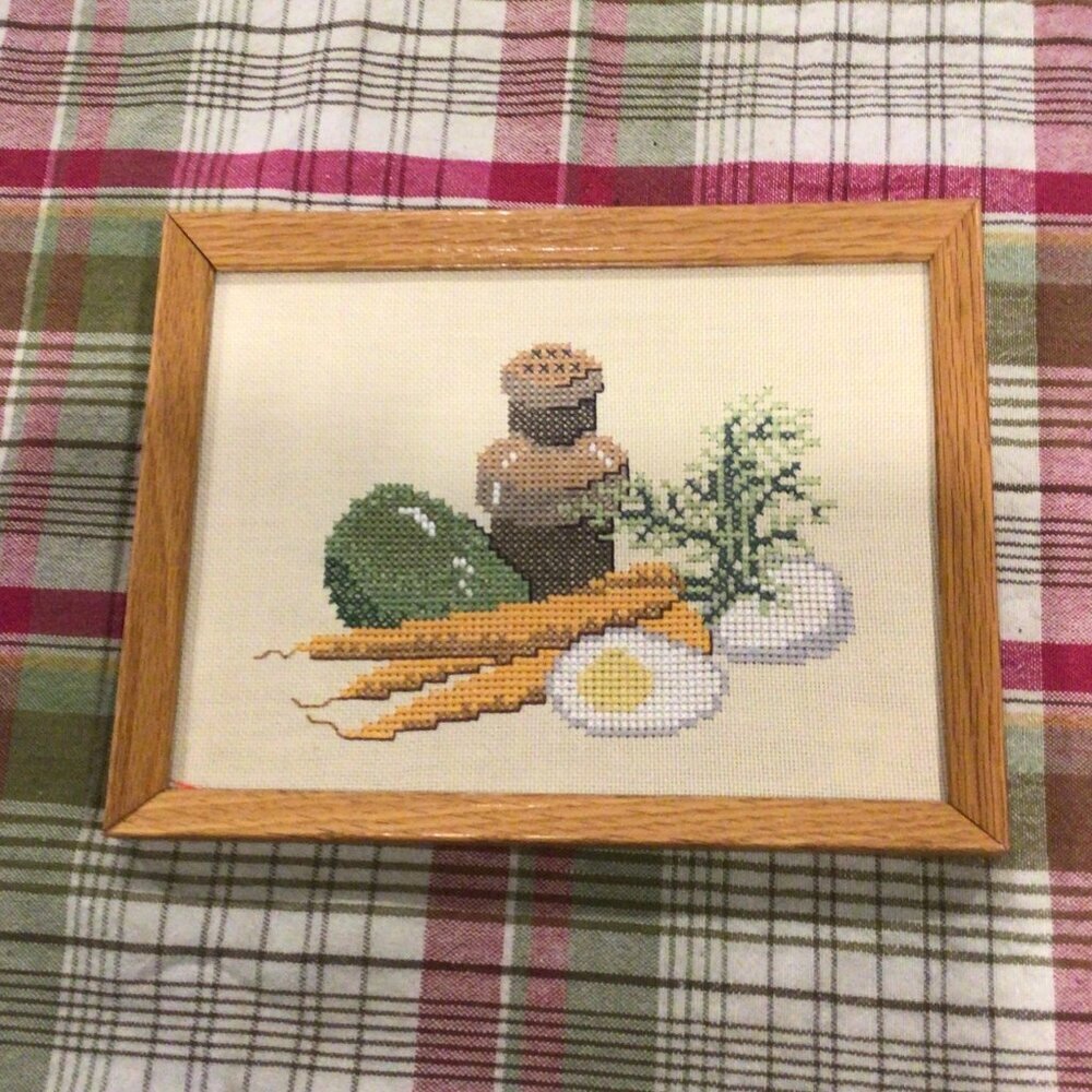 Framed Cross-Stitch Wall Art Garden Vegetables, Spice Bottle, Eggs Vtg. 1970s - Picture 2 of 6
